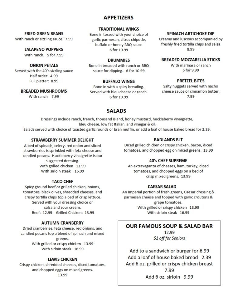 Menu South 40 Restaurant, Lounge and Casino